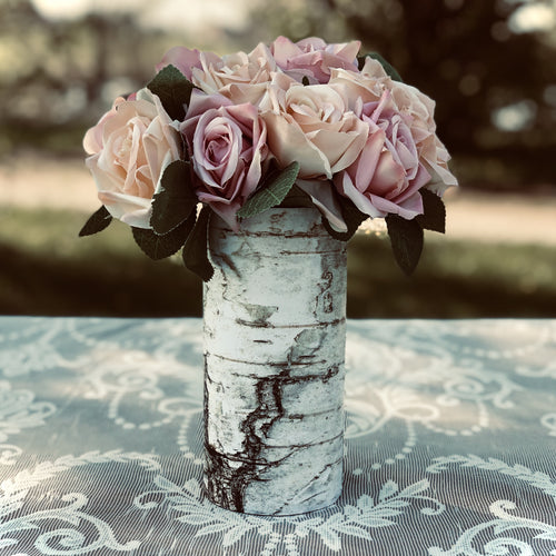 Faux birch bark 7 inch cylinder vase with vintage roses for weddings