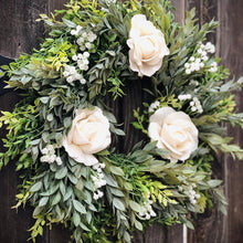 Load image into Gallery viewer, Modern farmhouse greenery wreath | White spring wreath for front door | Real touch rose wreath