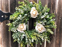 Load image into Gallery viewer, Modern farmhouse greenery wreath | White spring wreath for front door | Real touch rose wreath