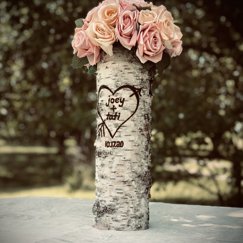 12, 14 or 15 inch white birch bark personalized vase - Tall rustic wedding centerpiece- Unique engagement vase- Wood burned engraved heart and initials