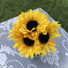 Load image into Gallery viewer, Navy mason jar wedding centerpieces with sunflowers