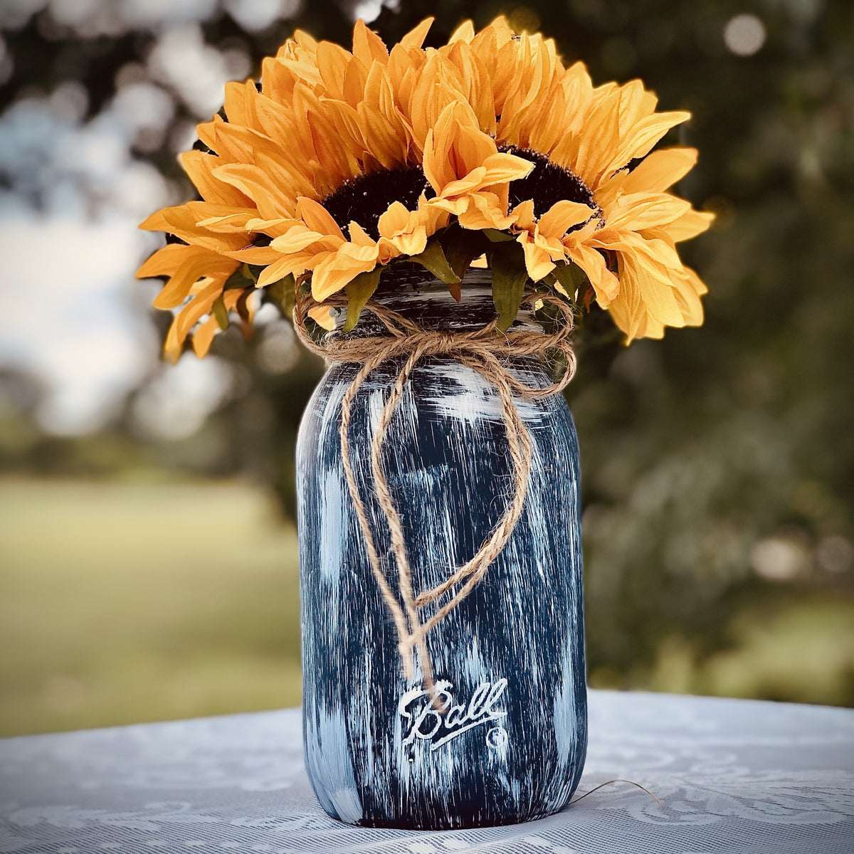 Navy mason jar wedding centerpieces with sunflowers – The Little Rustic ...