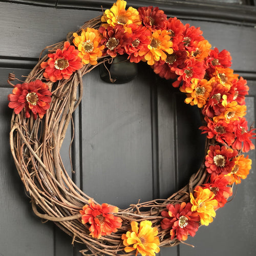 Fall zinnia grapevine wreath for front door - Autumn wreath for outdoors