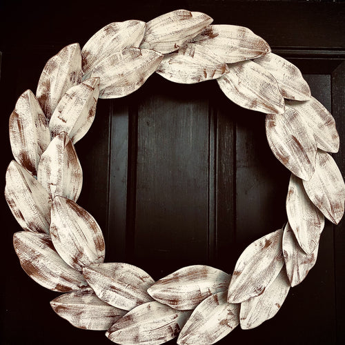 White magnolia wreath for front door or indoors l Stained metal farmhouse wreath
