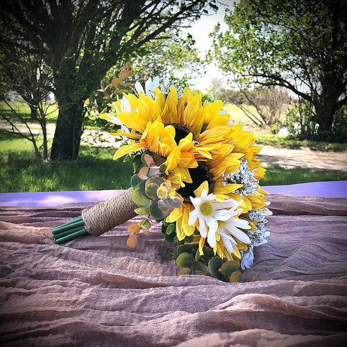 Sunflower, daisy, babies breath and fall eucalyptus bridal bouquet