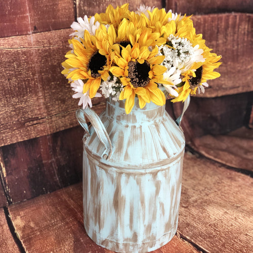 Large teal milk can with sunflowers daisies l Distressed milk can for porch l Rustic milk can centerpiece fall