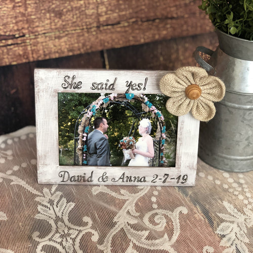 She said yes rustic engagement frame, Engagement gift for couple