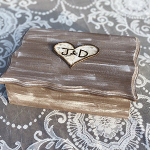 Rustic wedding card box with personalized birch heart