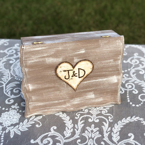 Rustic wedding card box with personalized birch heart
