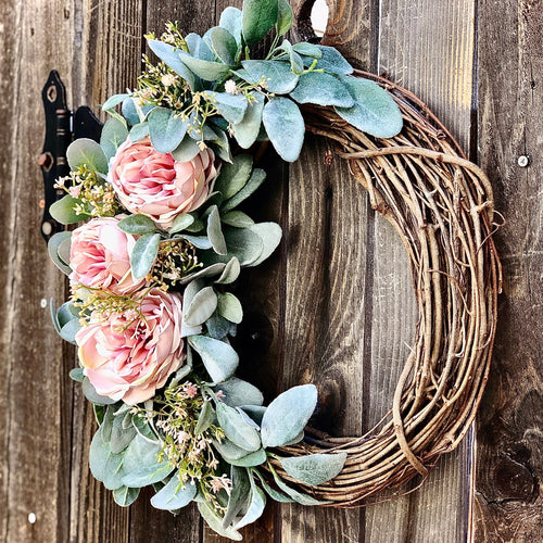 Year round lamb's ear wreath pink roses | Spring wreath for front door blush | Spring farmhouse wreath | Farmhouse wall decor