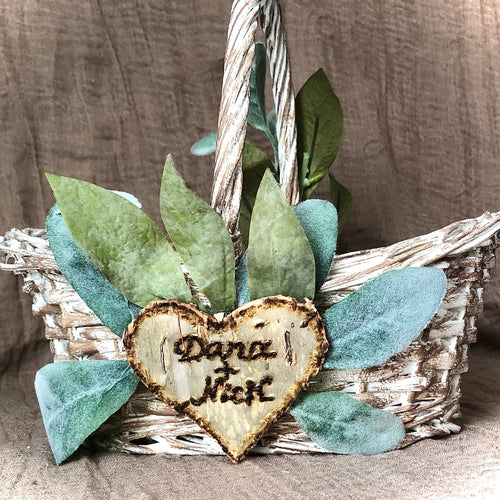 Classic white and green flower girl basket personalized - Custom flower girl basket with lambs ear greenery