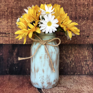 Sunflower wedding centerpieces Sunflower centerpieces Mason jar centerpieces distressed  Teal and brown wedding decorations