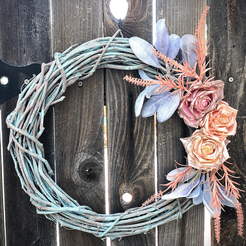 Painted grapevine spring wreath | Primitive spring wreath | Dirty roses purple lambs ear wreath