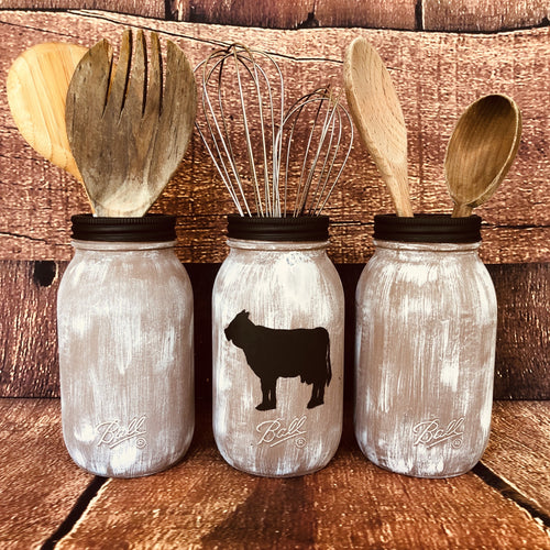 Farmhouse utencil holder Cow utensil holder Cow kitchen decor Distressed mason jars Rustic mason jars for utensils