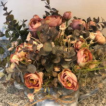 Load image into Gallery viewer, Fall eucalyptus and ranunculus floral arrangement in watering can, Farmhouse watering can centerpiece kitchen decor, Window sill decor