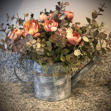 Load image into Gallery viewer, Fall eucalyptus and ranunculus floral arrangement in watering can, Farmhouse watering can centerpiece kitchen decor, Window sill decor