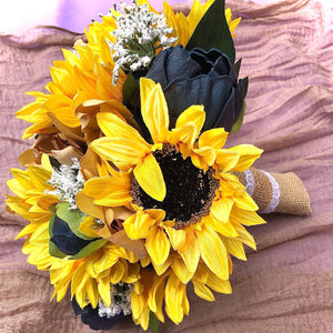 Navy wedding bouquet with sunflowers and taupe peonies – The Little ...
