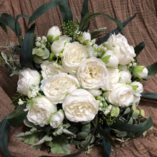 Load image into Gallery viewer, White peony boutonniere, White flowers with greenery boutonnieres, Classic wedding boutonnieres