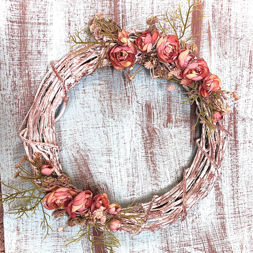 Ranunculus wreath with mini succulents - Boho spring wreath for front door -Shabby chic wreath with blush flowers
