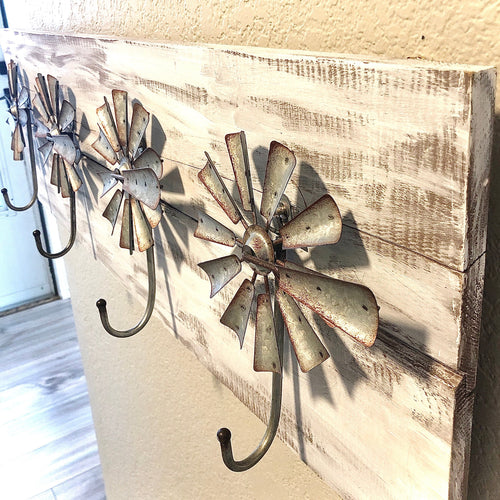 Windmill coat rack - Farmhouse style coat rack five hooks- Windmill decor - White coat rack farmhouse