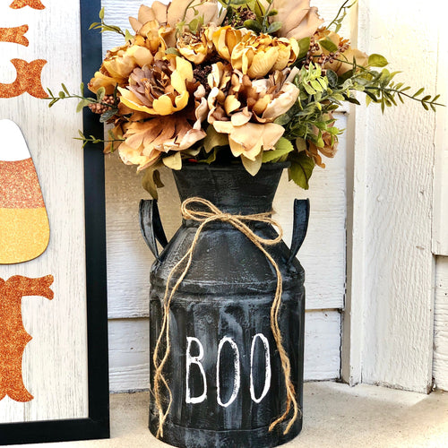 Halloween outdoor decorations for porch - Boo decor large milk can decor - Halloween centerpiece neutral and black