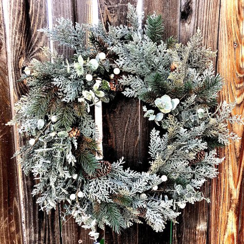 Glittered cedar Christmas wreath, Winter wedding decor, Winter wreath Cedar and pine wreath for front door, Winter door wreath pinecones