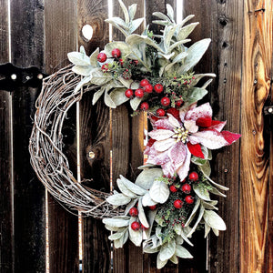 Christmas wreath for front door, Lamb's ear wreath with red berries, large wreath Christmas, Snowy Christmas wreath, Red poinsettia wreath