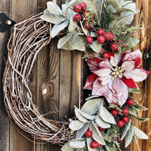 Load image into Gallery viewer, Christmas wreath for front door, Lamb&#39;s ear wreath with red berries, large wreath Christmas, Snowy Christmas wreath, Red poinsettia wreath