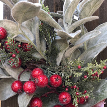 Load image into Gallery viewer, Christmas wreath for front door, Lamb&#39;s ear wreath with red berries, large wreath Christmas, Snowy Christmas wreath, Red poinsettia wreath