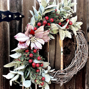 Christmas wreath for front door, Lamb's ear wreath with red berries, large wreath Christmas, Snowy Christmas wreath, Red poinsettia wreath