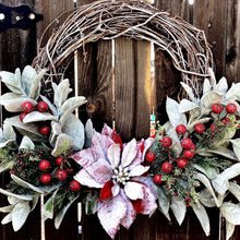 Load image into Gallery viewer, Christmas wreath for front door, Lamb&#39;s ear wreath with red berries, large wreath Christmas, Snowy Christmas wreath, Red poinsettia wreath