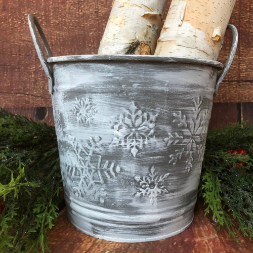 Snowflake decorations galvanized bucket - Painted winter bucket decor - Christmas bucket