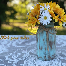 Load image into Gallery viewer, Sunflower wedding centerpieces Sunflower centerpieces Mason jar centerpieces distressed  Teal and brown wedding decorations