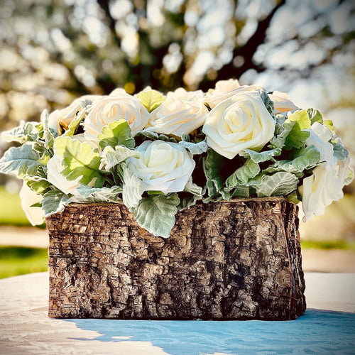 Birch bark wedding decor - Elegant rustic wedding centerpieces - Sweetheart table centerpiece roses - Dusty miller floral arrangements