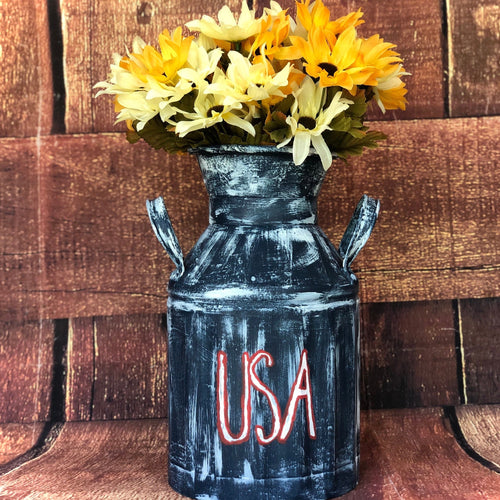 Hand painted USA decor large milk can- Navy milk jug patriotic decorations with sunflowers- Summer centerpiece with peonies for 4th of July