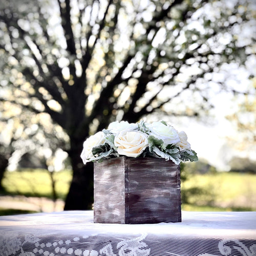 Rose centerpieces for wedding- Wood planter boxes distressed- Rose floral arrangement centerpiece- Barn wood boxes - Farmhouse home decor