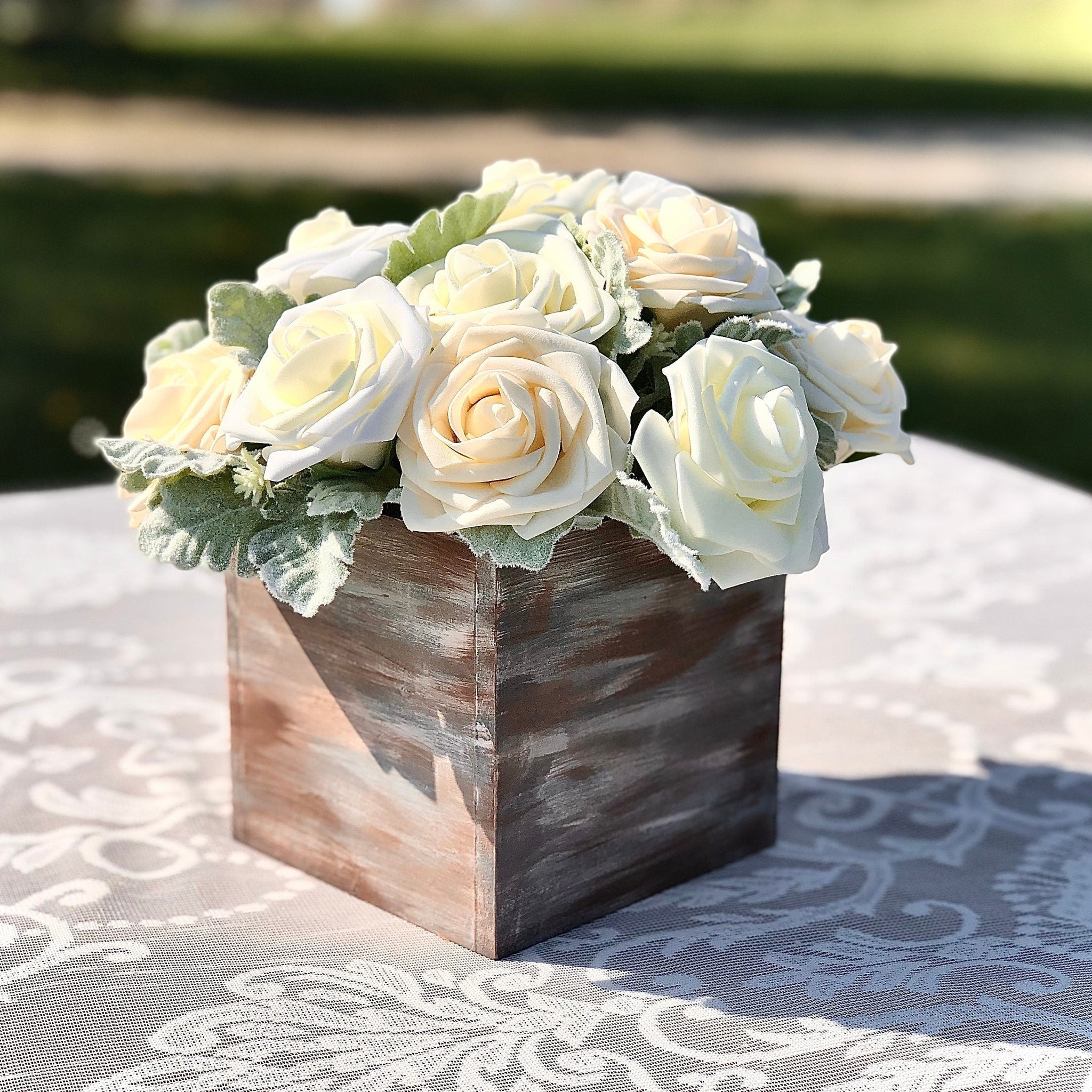 Rose centerpieces for wedding- Wood planter boxes distressed- Rose flo –  The Little Rustic Farm