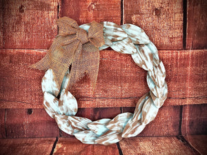 Rustic metal magnolia wreath with burlap bow - Fall farmhouse wreath for front door - Rustic home decor fall -Light blue wreath for indoors