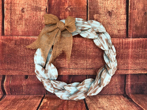 Rustic metal magnolia wreath with burlap bow - Fall farmhouse wreath for front door - Rustic home decor fall -Light blue wreath for indoors