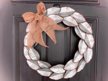 Load image into Gallery viewer, Rustic metal magnolia wreath with burlap bow - Fall farmhouse wreath for front door - Rustic home decor fall -Light blue wreath for indoors