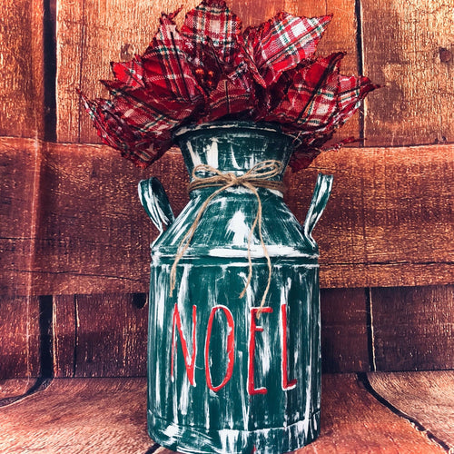 Noel farmhouse christmas decor for living room l Green Christmas milk can centerpiece with country plaid red glittered poinsettias bouquet