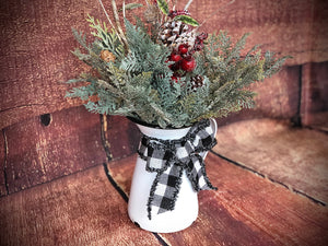 White buffalo check christmas centerpiece-Christmas mantel-Farmhouse christmas decorations for dining table-White buffalo plaid decorations