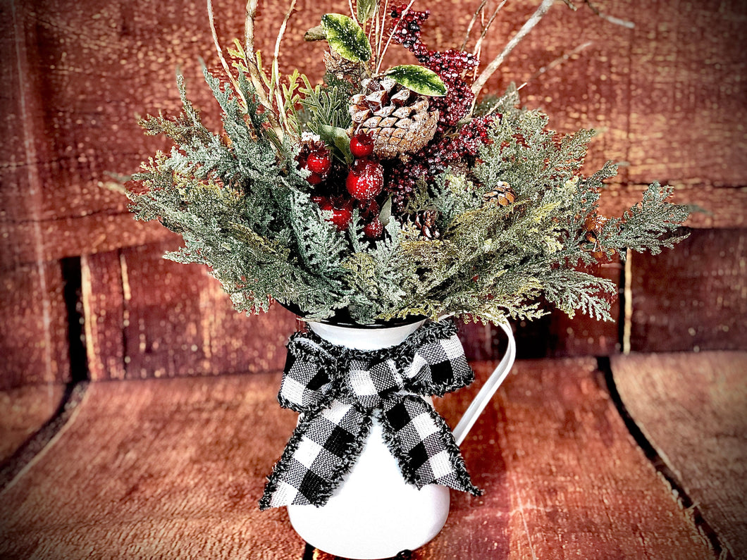 White buffalo check christmas centerpiece-Christmas mantel-Farmhouse christmas decorations for dining table-White buffalo plaid decorations