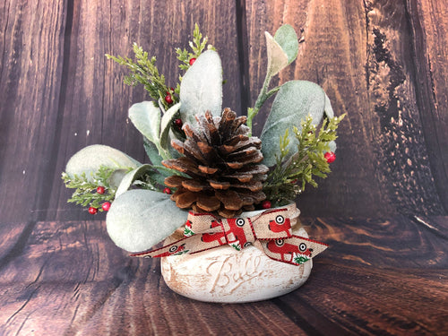 Small white mason jar with red truck ribbon | Lamb's ear Christmas floral arrangement | Small Christmas centerpiece for kitchen window sill