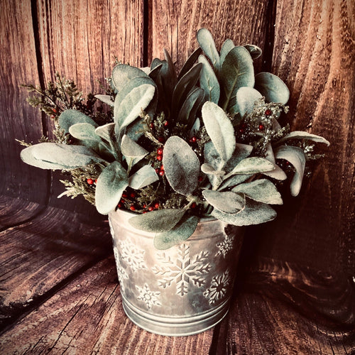 Lambs ear winter floral arrangement in galvanized bucket | Snowflake decorations for mantel | Lamb's ear holiday centerpiece for table