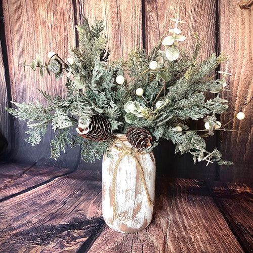Glittered cedar and eucalyptus winter floral arrangement | Winter vase filler in vase | Rustic winter mason jar centerpiece for dining table