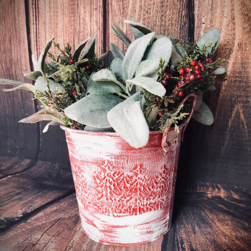 Red Christmas bucket | Christmas lamb's ear | Primitive christmas bucket decor | Christmas mantel decorations | Christmas floral container