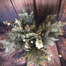 Load image into Gallery viewer, Glittered cedar and eucalyptus winter floral arrangement | Winter vase filler in vase | Rustic winter mason jar centerpiece for dining table