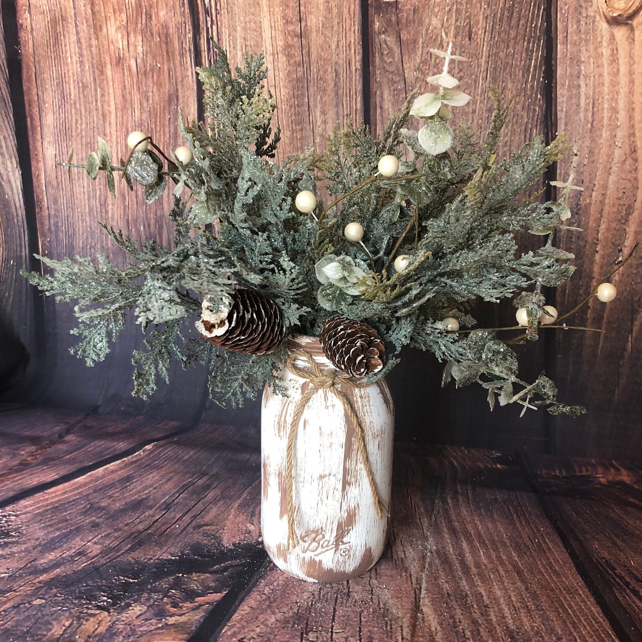 Rustic white mason jar with sparkling cedar and frosted eucalyptus | W –  The Little Rustic Farm