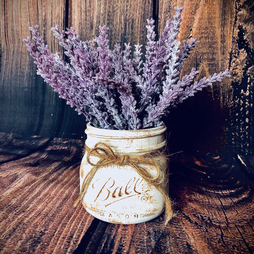White small mason jar for tiered tray with lavender | Lavender rustic wedding centerpieces for tables | Lavender in mason jars decor |